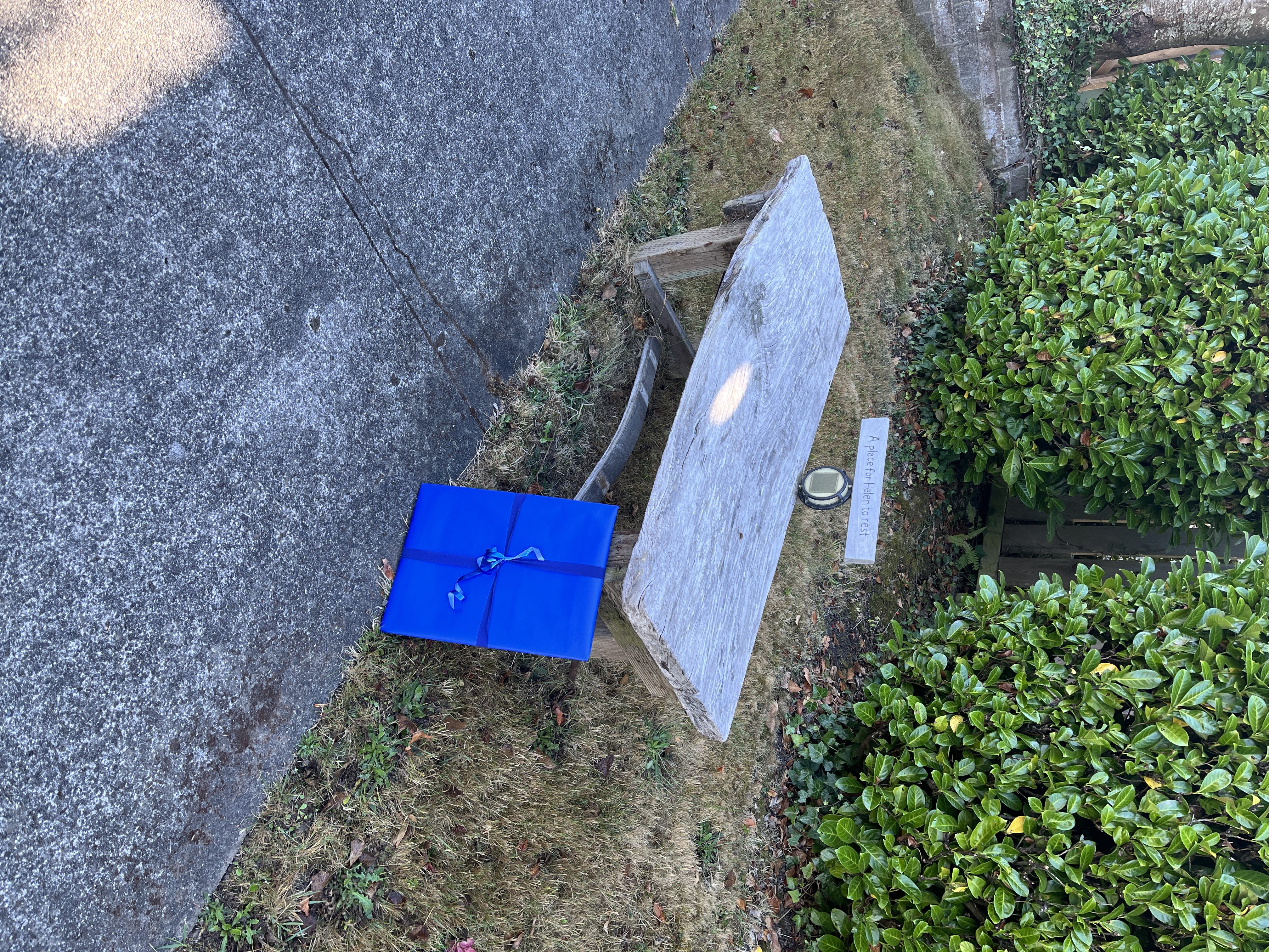 Gift-wrapped artwork placed beside the Helen memorial bench in Eureka