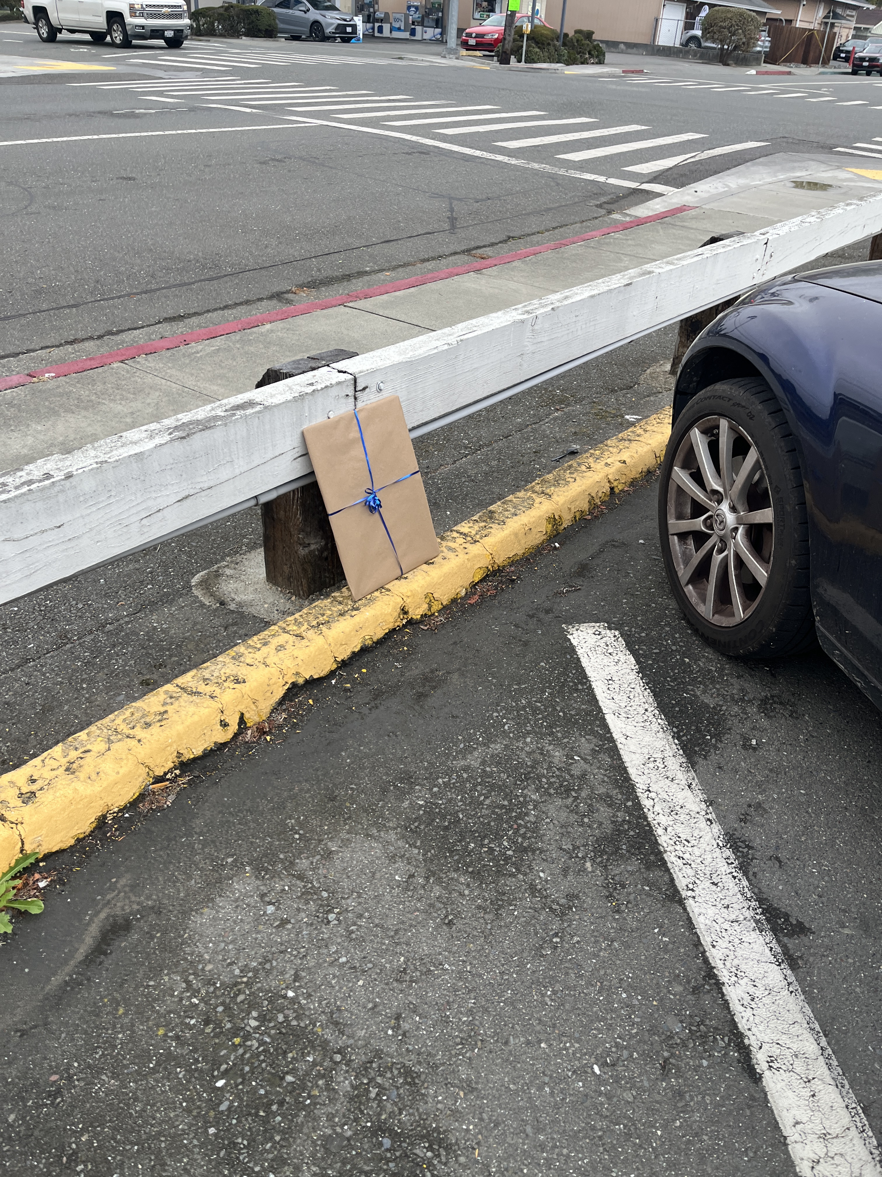 Art Drop #9: gift-wrapped artwork left against a white parking barrier