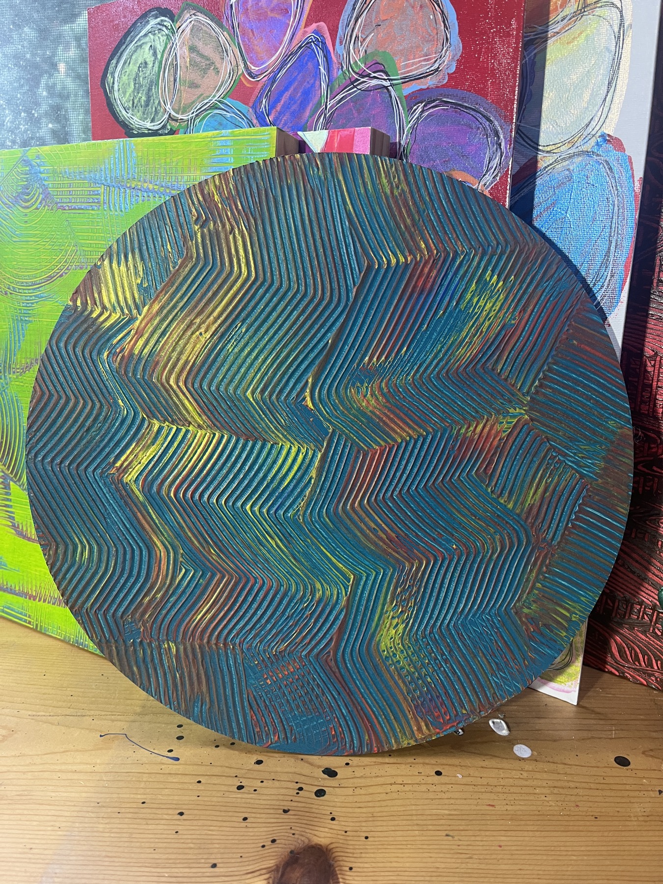 Art Drop #12 (estimated match): Mardi Gras series: circular panel with multicolored zigzag lines