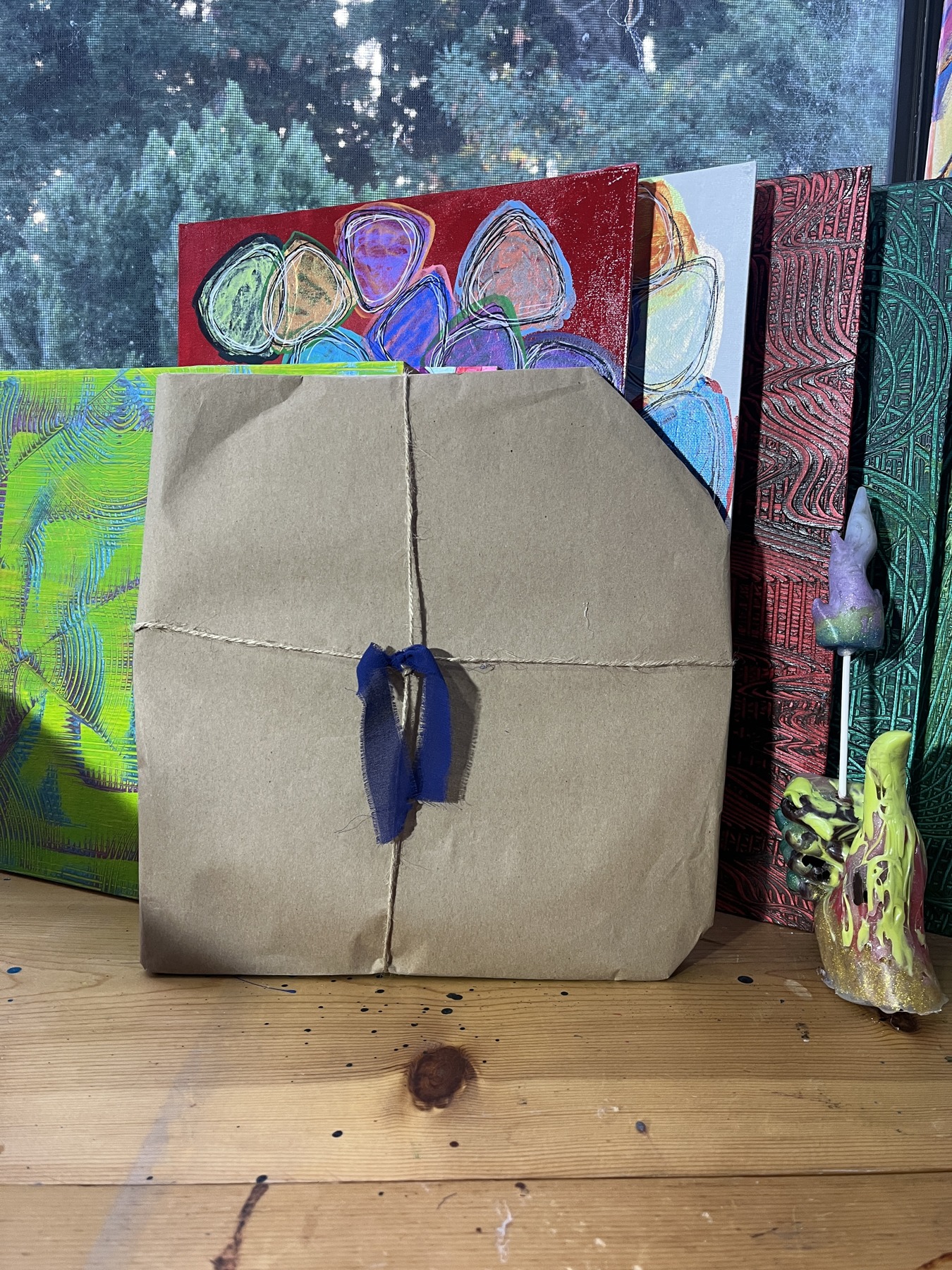Gift-wrapped circular panel for Art Drop #14