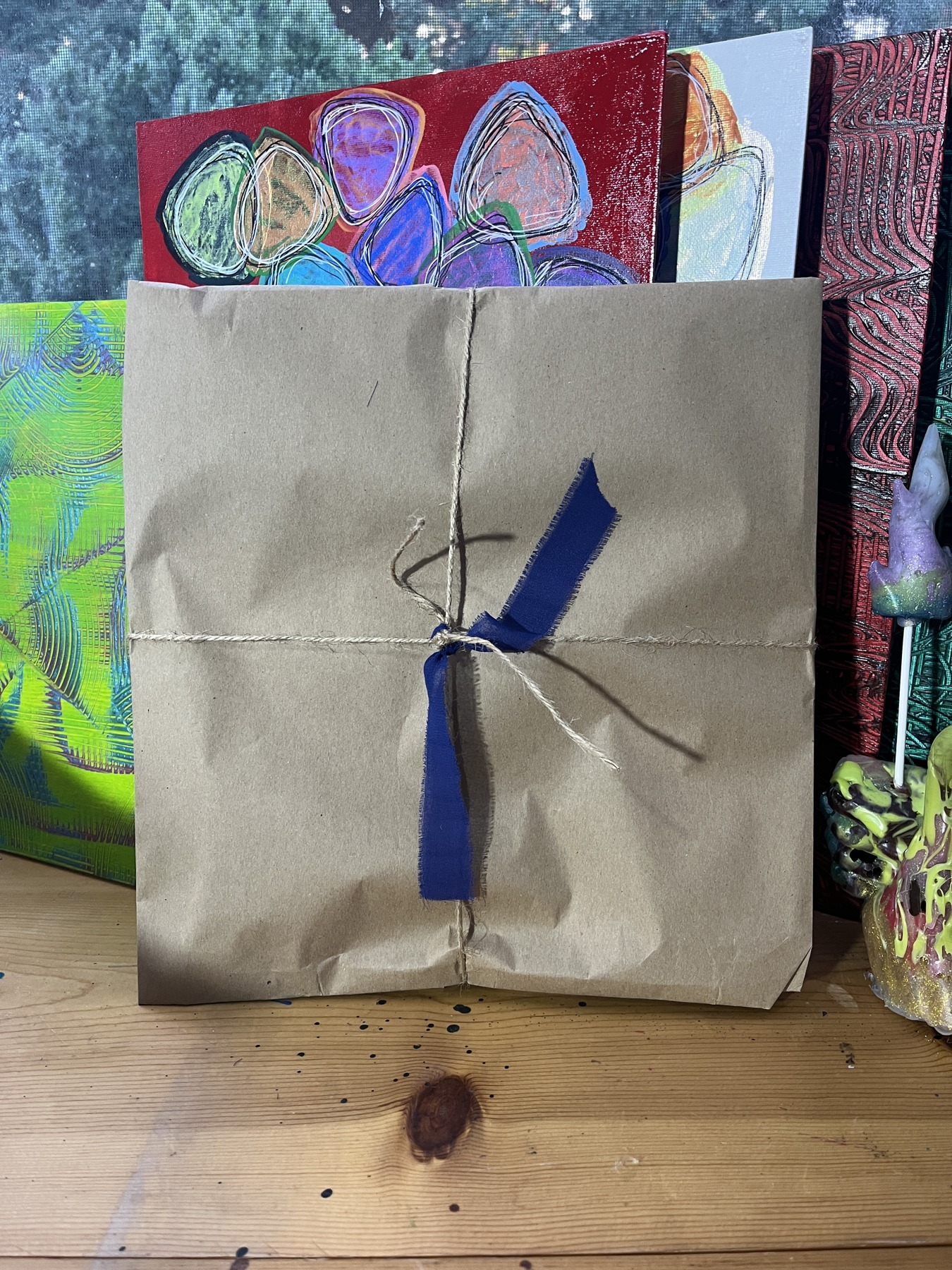 Gift-wrapped circular panel for Art Drop #11