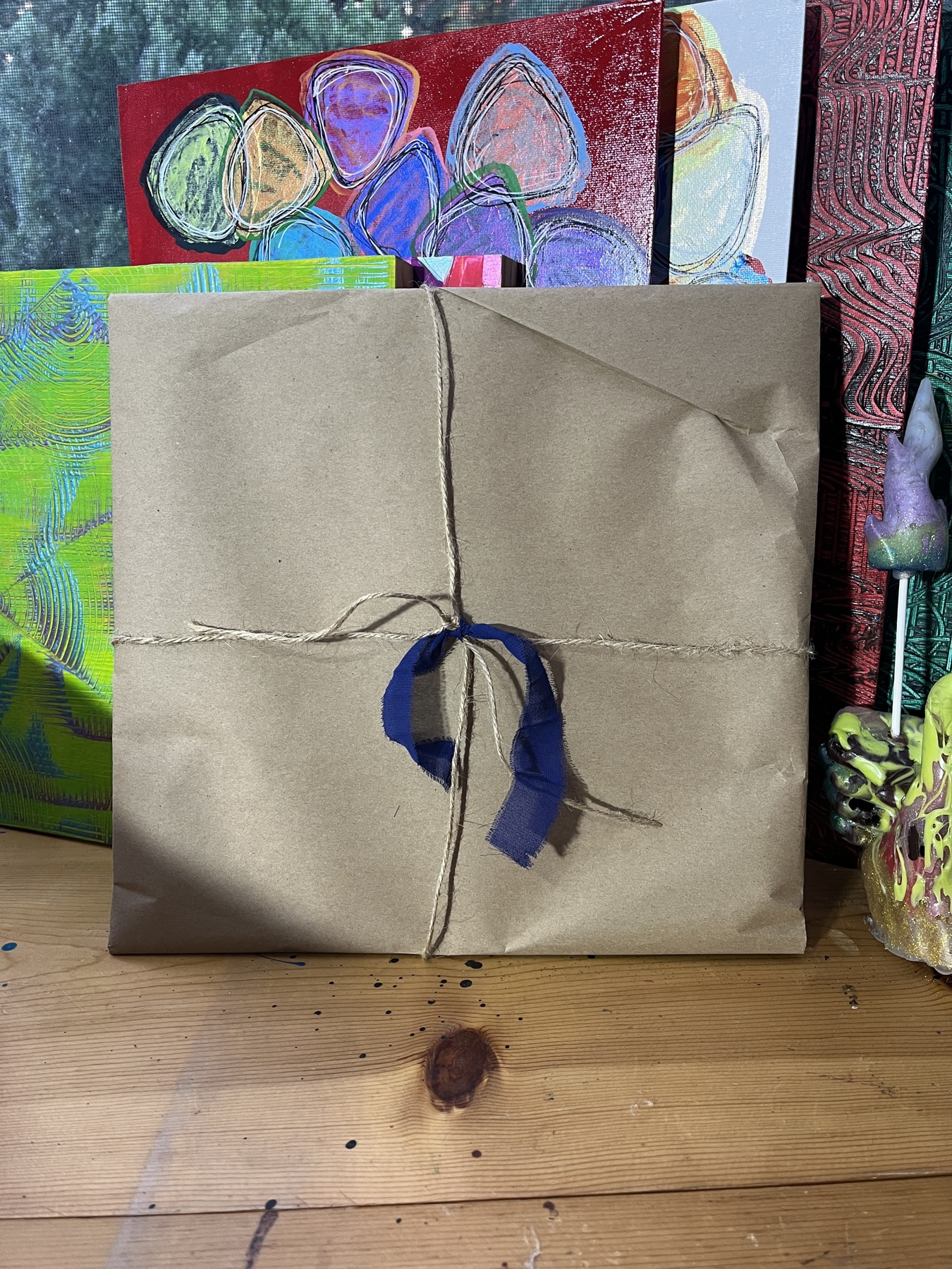 Gift-wrapped circular panel for Art Drop #15