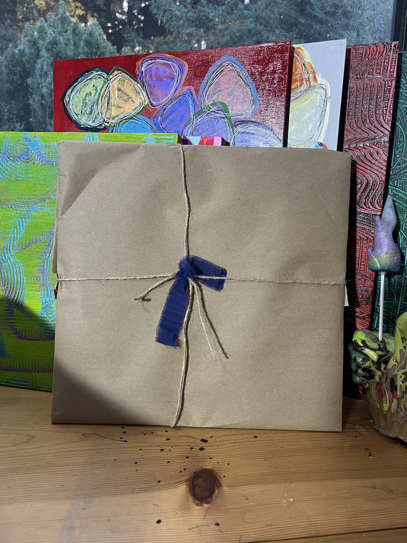 Gift-wrapped circular panel for Art Drop #13