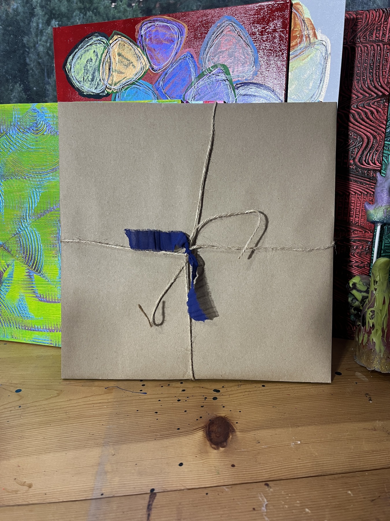 Gift-wrapped circular panel for Art Drop #12