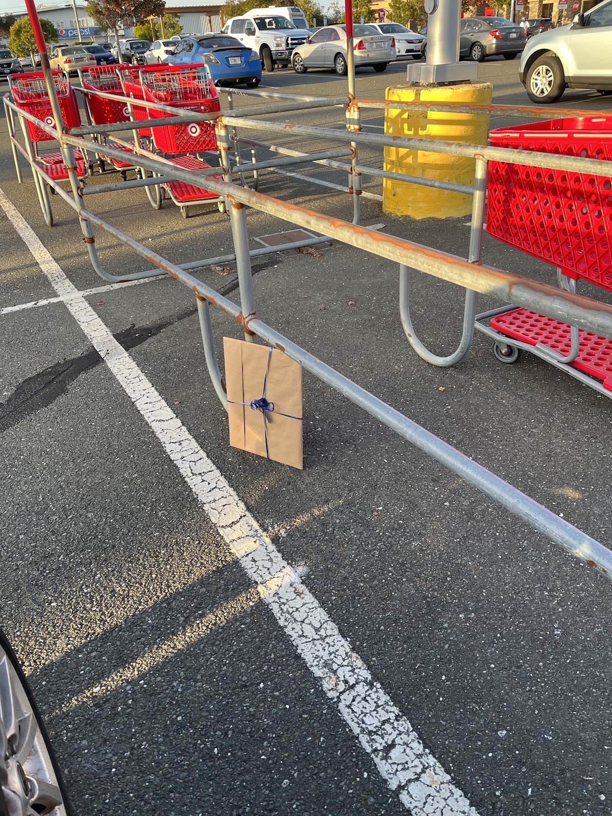 Gift-wrapped artwork placed beside shopping carts for Art Drop #8